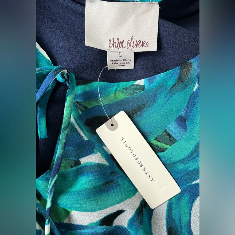 Blue Green Leaf-Print Long-Sleeve Shift Dress